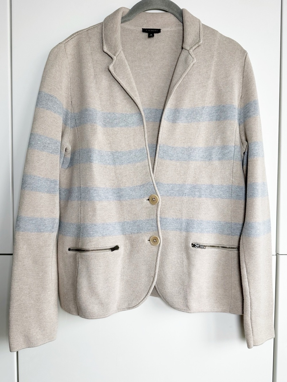 Talbots Knit Sweater Blazer Tan with Gray Stripe Medium Business Casual Office